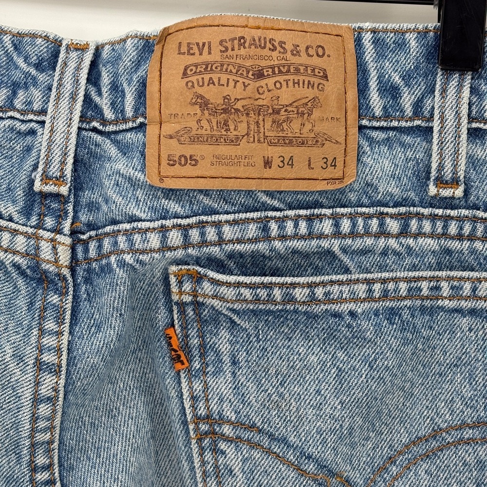 Vintage 90s 1996 Levis 505 Orange Tab Jeans Mens 34x34 Straight Leg 100% Cotton